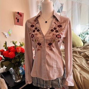 Express Burgundy Floral Embroidered Striped Blouse